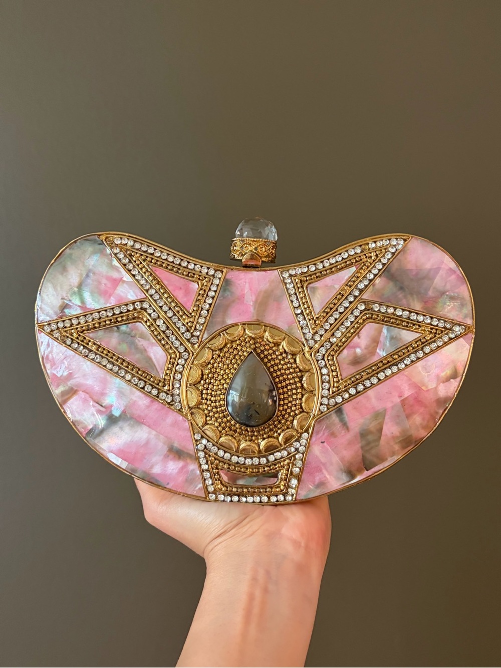 Pink Mother-of-Pearl Evening Clutch with Gold Accents